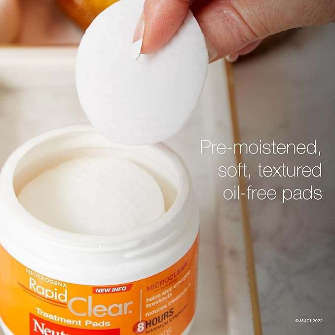 Neutrogena Rapid Clear Maximum Strength Acne Face Pads with 2% Salicylic Acid Acne Medication to Help Fight Breakouts, Oil-Free Facial Cleansing Pads for Acne-Prone Skin, 3 Pack
