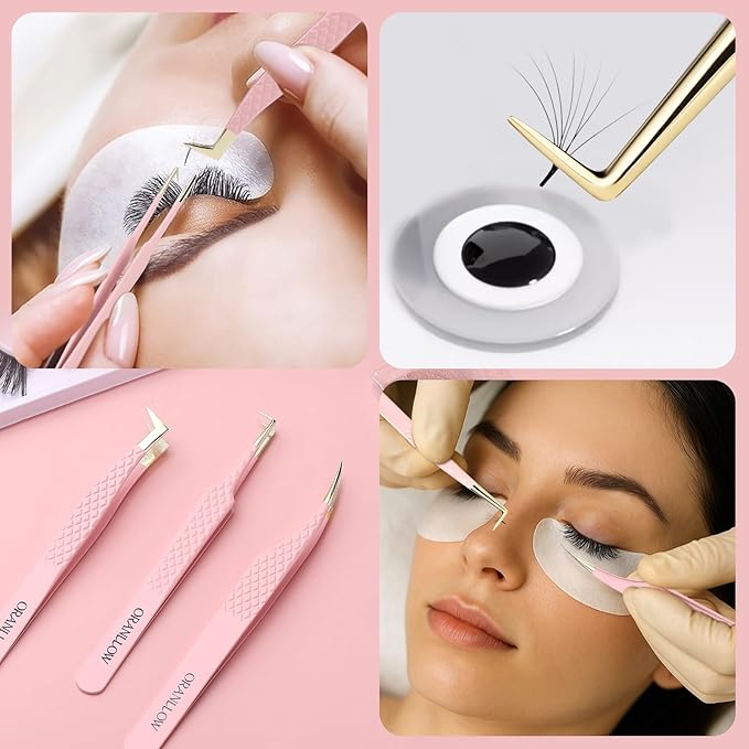 Lash Tweezers Set for Eyelash Extensions - 3 Precision Fiber Tip Diamond Grip, Volume,L-shape Boot, 90 Degree Lash Tweezers for Volume Classic Lashes Premade Fans (3)