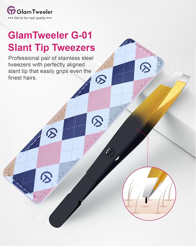 G-01 Exclusive Slant Tip Tweezers, GlamTweeler High Precison Expert Eyebrow and Facial Hair Removal Tweezer with Leather Storage & Carrying Case (Black & Gold)