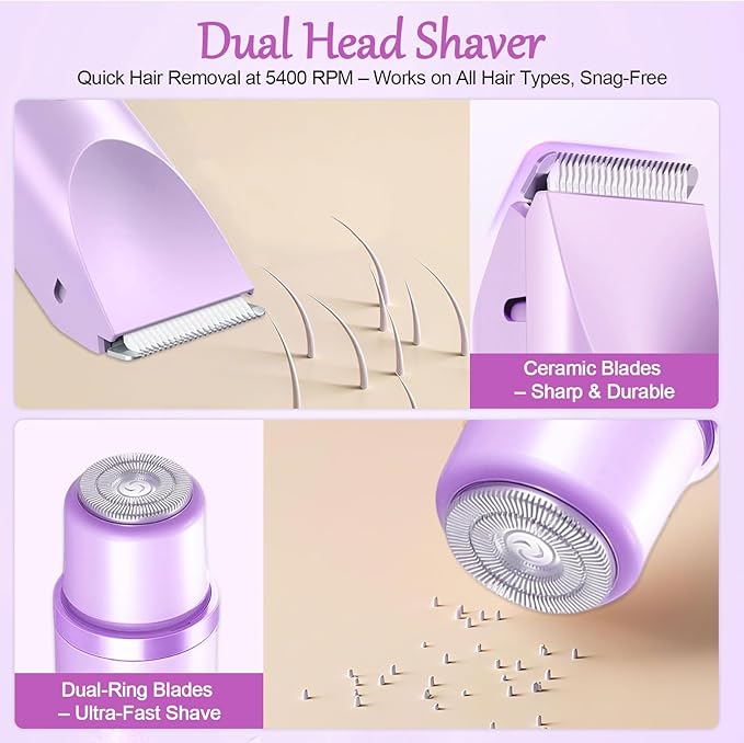 Bikini Trimmer for Women, 2-in-1 Painless Bikini Shaver with Ceramic Blade, Dual-Head Electric Shaver, Ipx7 Waterproof for Shower & Travel, Womens Electric Razor for Armpit Leg Body Facial, Purple