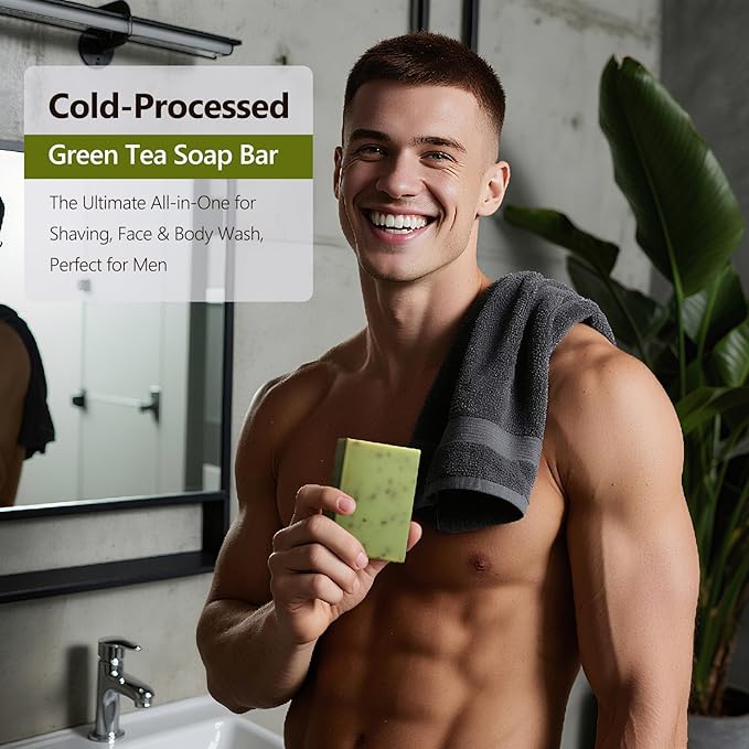 Green Tea Soap, Moisturizing Bath Soap Bars, Cruelty-Free, Gentle Exfoliating for Hydrating & Nourishing Skin with Green Tea Leaves, Coconut Oil, Shea Butter, Gifts for Women Men, 3 Bars