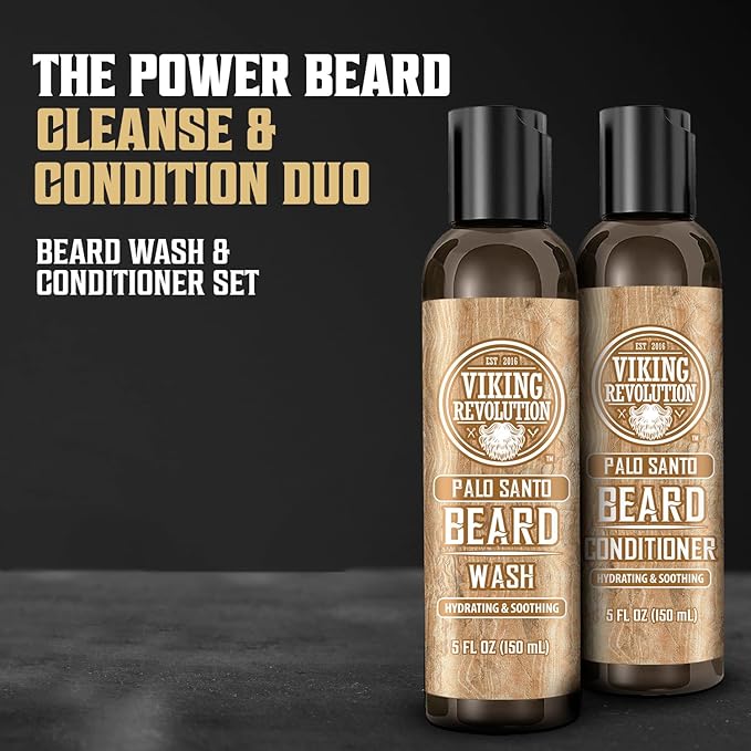 Viking Revolution Beard Wash and Beard Conditioner for Men with Argan Oil and Jojoba Oil - Beard Softener and Strengthener Beard Care Beard Shampoo and Conditioner with Ginseng Root (5oz, Palo Santo)