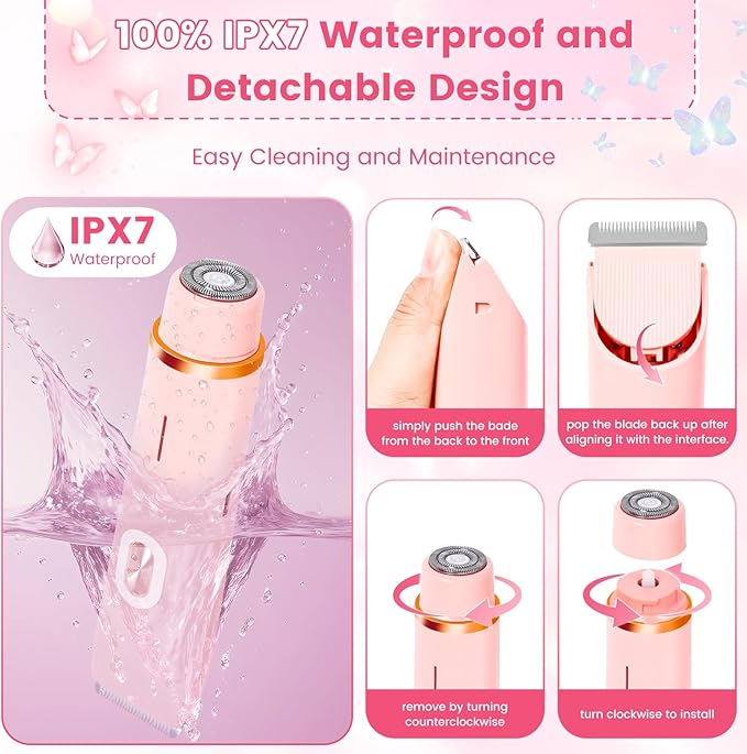 2 in 1 Bikini Trimmer for Women, Dual Head Electric Rozor, Facial Hair Removal, Ipx7 Waterproof Body Shaver for Bikini Face Armpit Pubic Hair Leg Back, Easy Cleaning, Ceramic Blade (Pink)