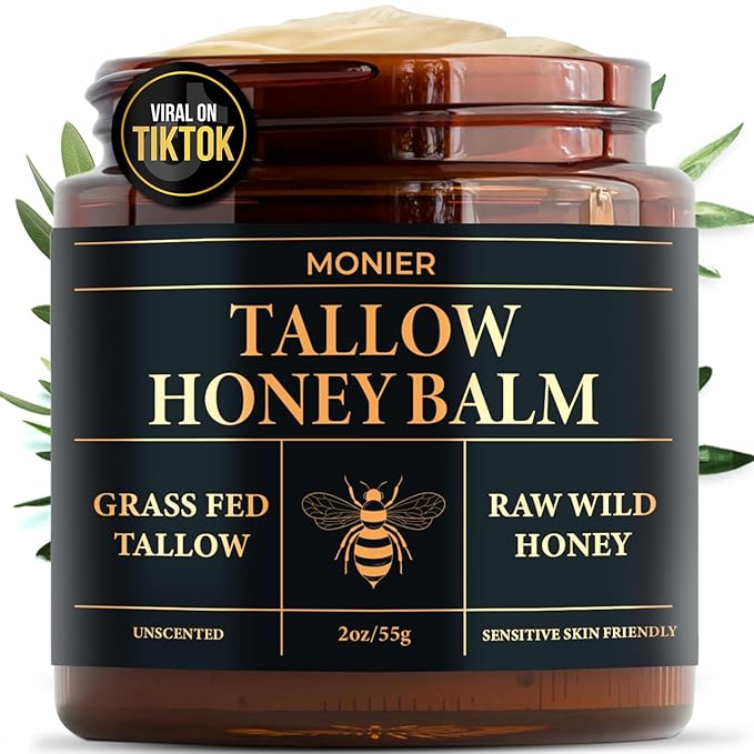 MONIER Tallow and Honey Balm for Face, Beef Tallow for Skin, Moisturizer with 100% Organic Grass-Fed Beef Tallow & Raw Wild Honey - Natural Formula for Dry & Sensitive Skin (Unscented)