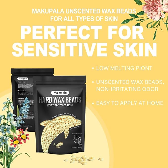 3lb Hard Wax Beads Bulk, Hypoallergenic Brazilian Waxing Bead, Unscented Sensitive Skin Stripless Wax Pellets, Coarse & Fine Hair Removal Wax Refill for Body, Face, Bikini Line, Underarm, Chest, Legs
