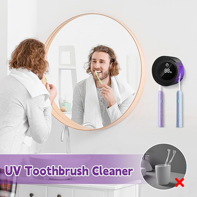 Toothbrush Sanitizer - Wall Mounted Toothbrush Holder LED Smart Screen with Auto Inductive Open/Close Cover for Bathroom Wall-Mounted (Black)