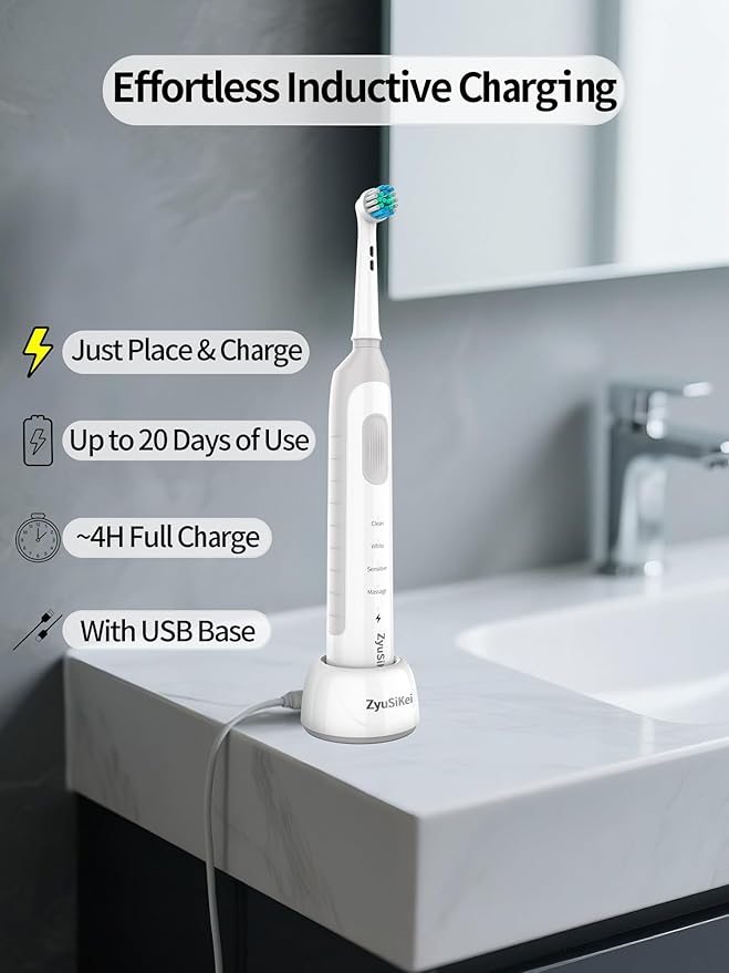 Rotating Electric Toothbrush for Adults with 4 Modes, Round Head and USB Charging Base - for Sensitive Gums, IPX7 Waterproof (White)