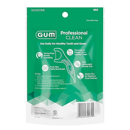GUM Professional Clean Floss Picks - Extra Strong Shred-Resistant Floss, Easy Grip Handle - Dental Flossers for Adults - Fresh Mint Flavor, 90 Count (Pack of 6) 540 Total