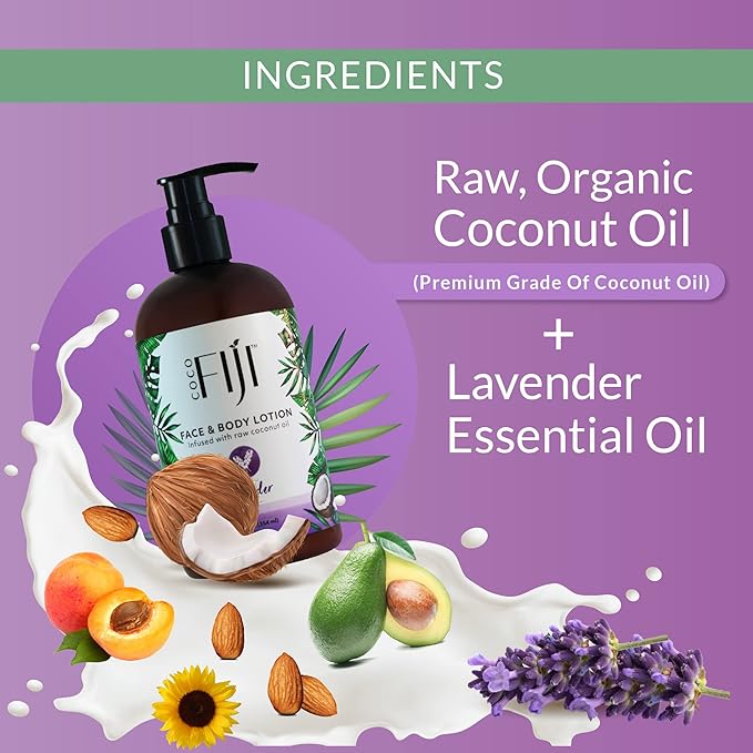 Coco Fiji Face & Body Lotion Infused With Coconut Oil | Lotion for Dry Skin | Moisturizer Face Cream & Massage Lotion for Women & Men | Lavender 12 oz, Pack of 1