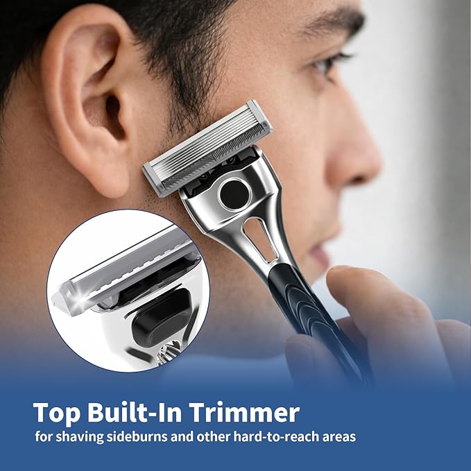 Professional 6-Blade Men's Razor with Lubricating Strip & Precision Trimmer, 45° Pivoting Head, Metal 1 Handle +4 Blade Refills, Includes Cleaning Brush & Wall Mount