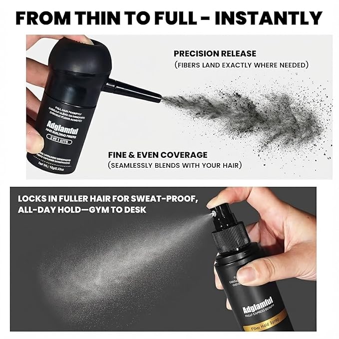 Hair Building Fibers Kit for Thinning Hair, Hair Thickening Powder & Styling Fiber Hold Mist Set, Creates Natural Full-Looking, 24H Long-Lasting Effect–Black, 15g + 120ml, Black