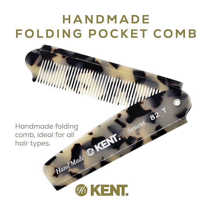 Kent 82T TW Handmade Folding Pocket Comb for Men, Fine Tooth Hair Comb Straightener for Everyday Grooming Styling Hair, Beard or Mustache, Use Dry or with Balms, Saw Cut Hand Polished, Made in England
