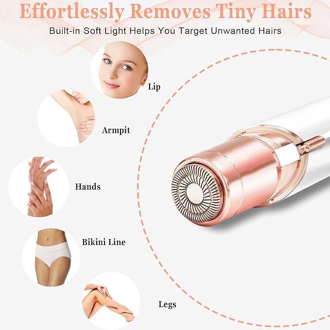 Facial Hair Removal for Women,Electric Rechargeable Face Shaver,Painless Gentle Trimming for Peach Fuzz,Lip,Chin with 2 x Replacement Heads (White)