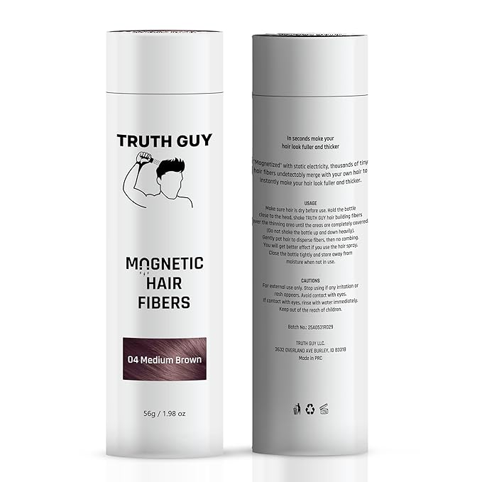 Truth Guy Magnetic Hair Building Fibers for Thinning Hair - Adds Volume & Thickness with Static Electricity Technology - Easy Application for Men & Women, Quick Results, Mess-Free. 2 oz. Medium Brown