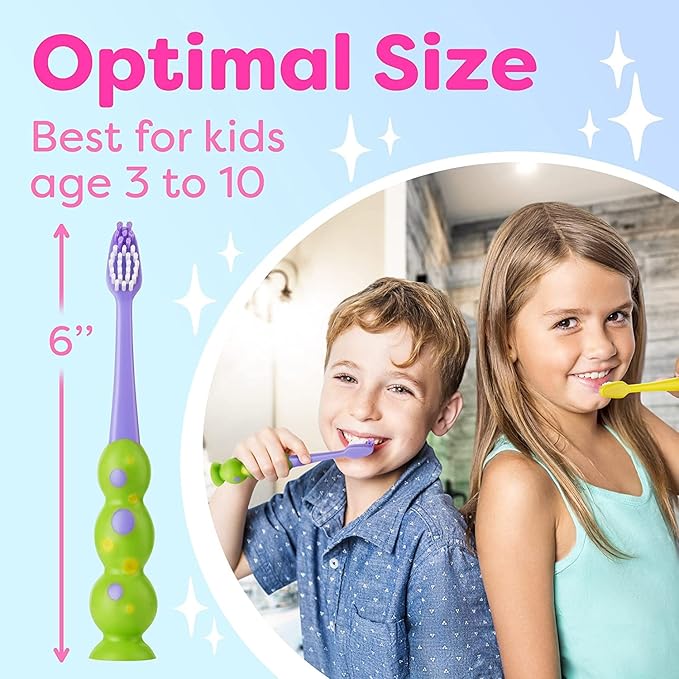 Trueocity Kids Toothbrush 6 Pack - Soft Contoured Bristles - Child Sized Brush Heads (3-10 Year Old) - Suction Cup for Fun & Easy Storage - Girl & Boy Set (6-Pack, Green & Pink)