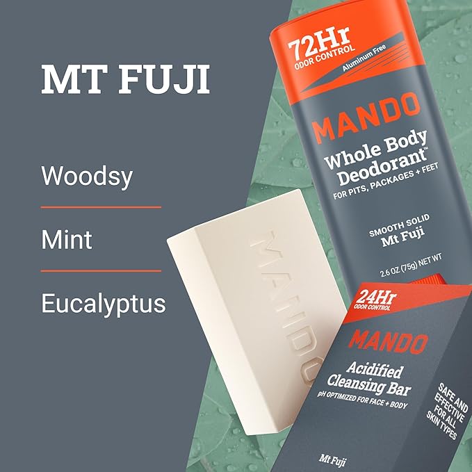 Mando Whole Body Deodorant Two Piece System - 2.6 oz Smooth Solid Stick & 5.0 oz 4 in 1 Acidified Cleansing Bar - Aluminum & Baking Soda Free Odor Control - Doctor Developed - 2 pc Bundle (Mt Fuji)