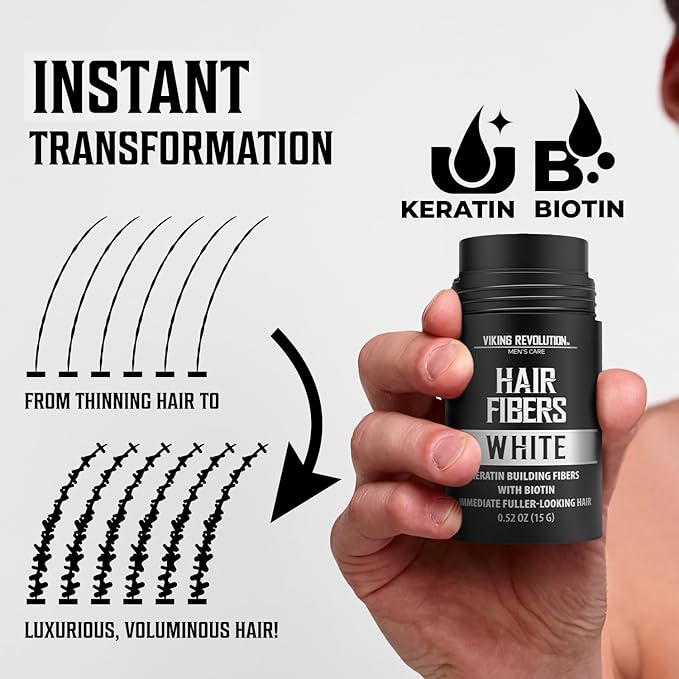 Viking Revolution White Hair Fibers for Thinning Hair Men - Thick Fiber for Bald Spot Cover Up - Hair Building Fibers with Kerating and Biotin - Hair Fiber for Men for Thicker and Fuller Look (0.52oz)