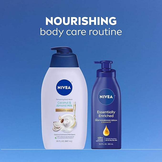 NIVEA Pampering Coconut and Almond Milk Body Wash with Nourishing Serum, Moisturizing Body Wash for Women, Enriched with Provitamin B5 and Vitamin E, 30 Fl Oz Bottle