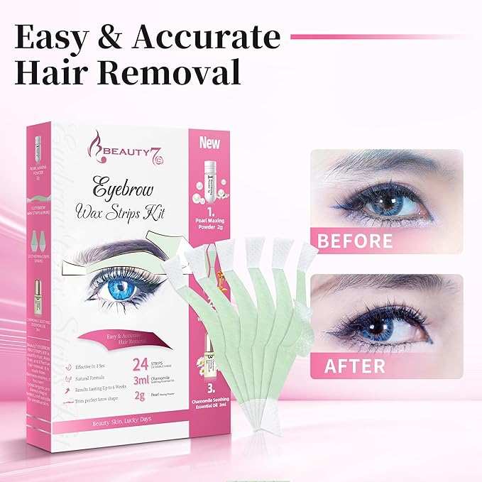 Beauty7 Hair Removal Kit, Eyebrow Wax Strips Kit Facial Wax Strips 24 Strips with Pearl Powder Essential Oil for Sensitive All Skin Types Women