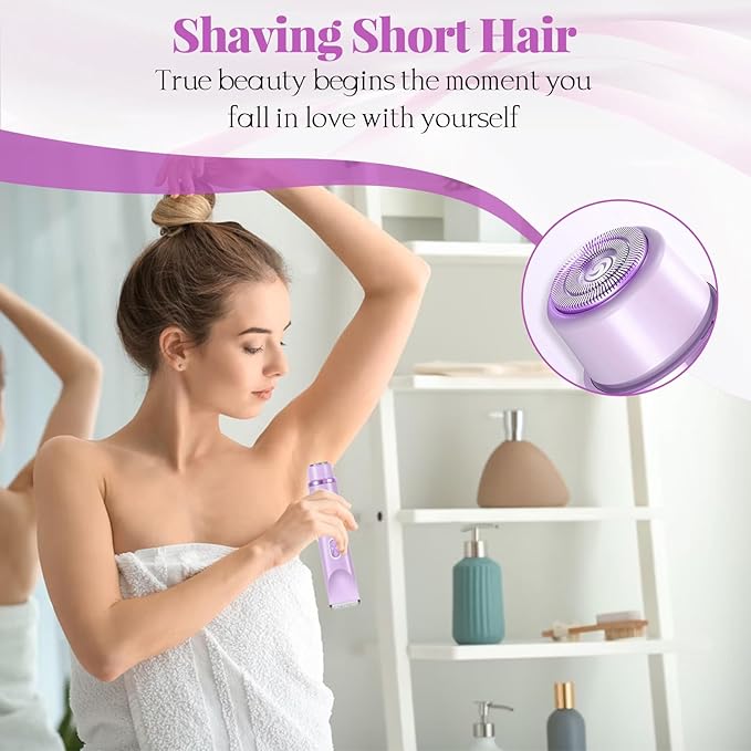 Bikini Trimmer for Women, 2-in-1 Painless Dual Head Shaver Women with Painless Ceramic Blades, Waterproof Electric Razors for Body & Face, Holiday Gift for Her (Purple)