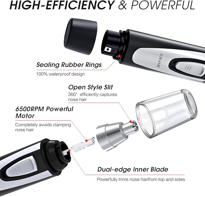 Ear and Nose Hair Trimmer Clipper - 2025 Professional Painless Eyebrow & Facial Hair Trimmer for Men Women, Battery-Operated Trimmer with IPX7 Waterproof, Dual Edge Blades for Easy Cleansing Black