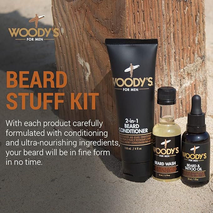 Woody's Beard Stuff 3 Piece Kit, Beard & Tattoo Oil, Wash, 2 in 1 Facial Hair Conditioner, Cleanse, Moisturize, and Style