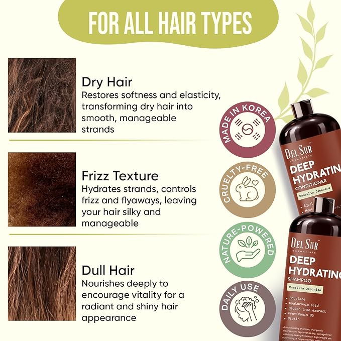 DEL SUR Hydrating Shampoo and Conditioner Set | 16 fl oz Each | with Camellia Japonica, Squalane, Hyaluronic Acid, Baobab Extract & Biotin | Deep Moisture for Dry, Damaged Hair