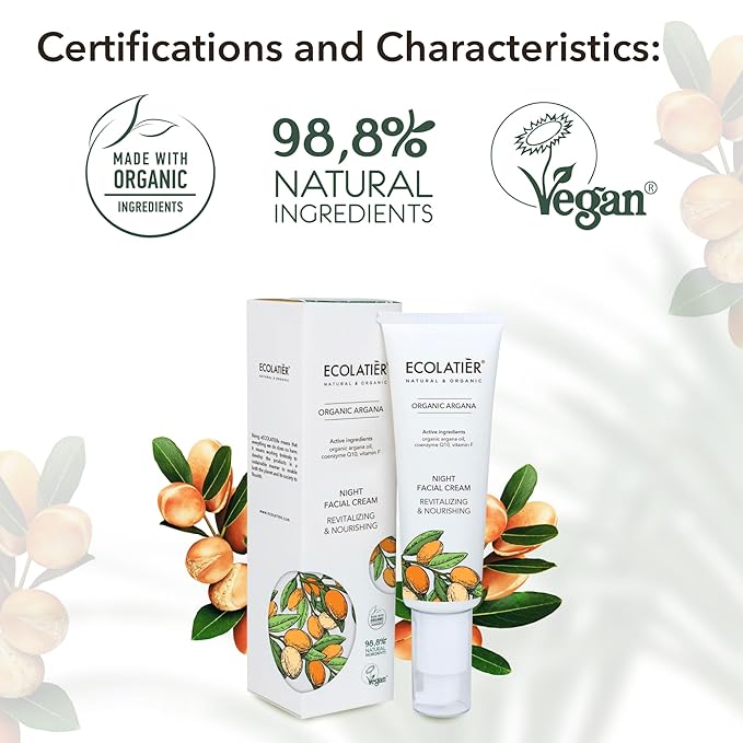 Night Cream with Organic Argan Oil – Revitalizing & Nourishing, Anti-Aging Face Moisturizer with Vitamin C, Vegan, 97.7% Natural Ingredients, 1.7 Fl Oz - ECOLATIER