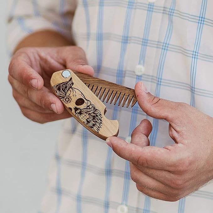 Beard Comb Personalized Gifts Anniversary Gift Wooden Brush Custom Comb Groomsmen Gift Hair Brush Pocket Brush Birthday Gift for Boyfriend (Walnut, Half Skull)
