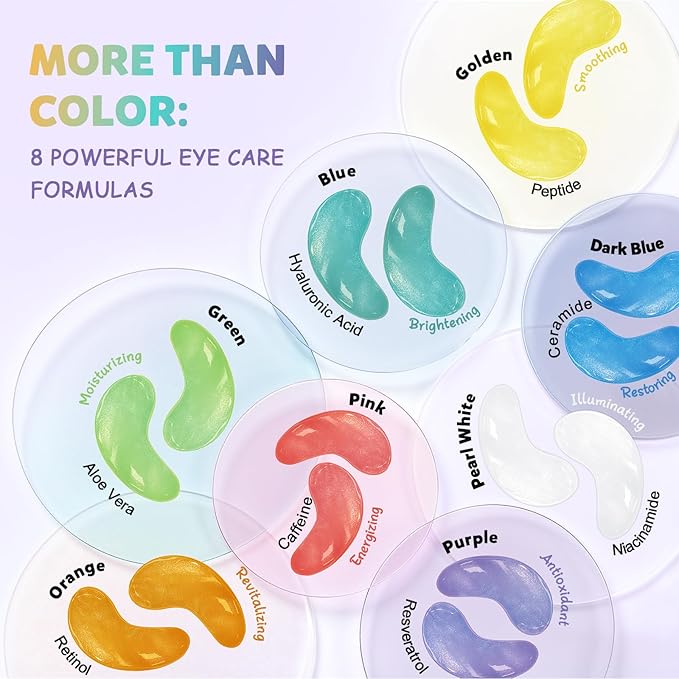 Under Eye Patches Variety Pack (8 Pairs), Valentine‘s Day Gifts for Her, Eye Masks for Dark Circles Puffy Eyes With 8 Colors (1 Pairs/Color), Vegan Skin Care Gifts for Women