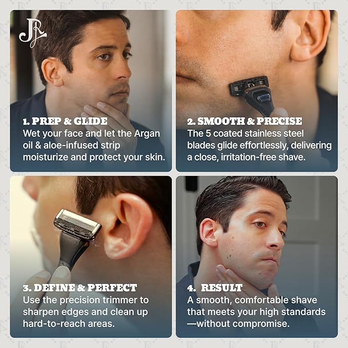 Jeremy's Razors for Men - Precision 5 Razor Blade Refills - 8 Cartridges (Fits All 2nd Gen Jeremy's Handles) - Precision Trimmer, Stainless Steel Design, Lubricating Strip - Men's Shaving Blades