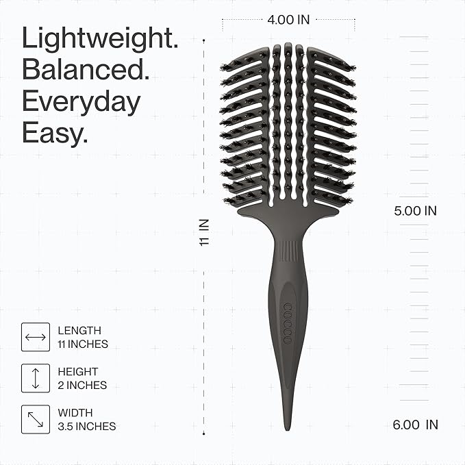 COCCO Aura Vent Boar Brush | Vented Dual-Curved Design for Faster Drying, Effortless Detangling & Shine, Boar + Nylon Bristles, Ergonomic Comfort Handle for Wet & Dry Hair Styling - Black