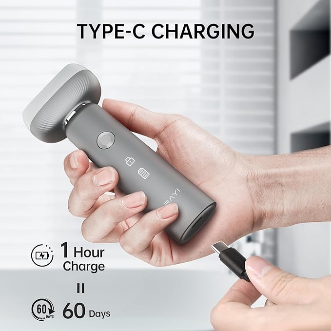 Electric Shaver for Men with Floating Arc 3-Blade, 9000 RPM, Magnetic Head, 1 Hour Fast Type-C Charging can Last for 60 Days, IPX7 Waterproof, Skin-Friendly Blade for Smooth Shaving, Gray