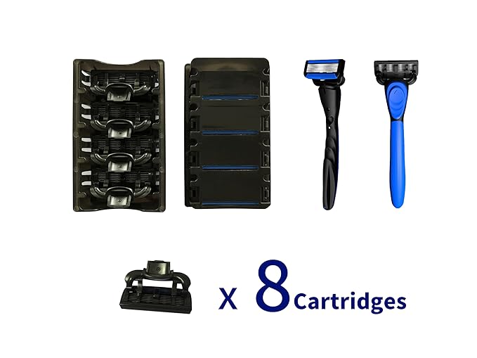 6-Blade Razor,Plastic Anti-slip Men Manual Refill Cartridges razors, 1 handle and 8 refill razor cartridges, Reusable Face Cleansing Care Tool, Shave Supplies for Men and Women - Black
