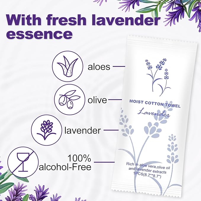 Moist Cotton Towel Bulk Moist Towelettes Individually Wrapped,White Towel Services,Refreshment Pre Moistened Towels for Dentist Travel Sport Party Hotel 100,Lavender