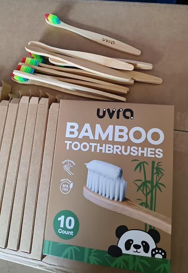 Bamboo Toothbrushes for Adults - 10 Pack Biodegradable Manual Toothbrushes Teeth Colorful Bristle Natural Bamboo Tooth Brush Dental Eco Wood Toothbrush (Rainbow)