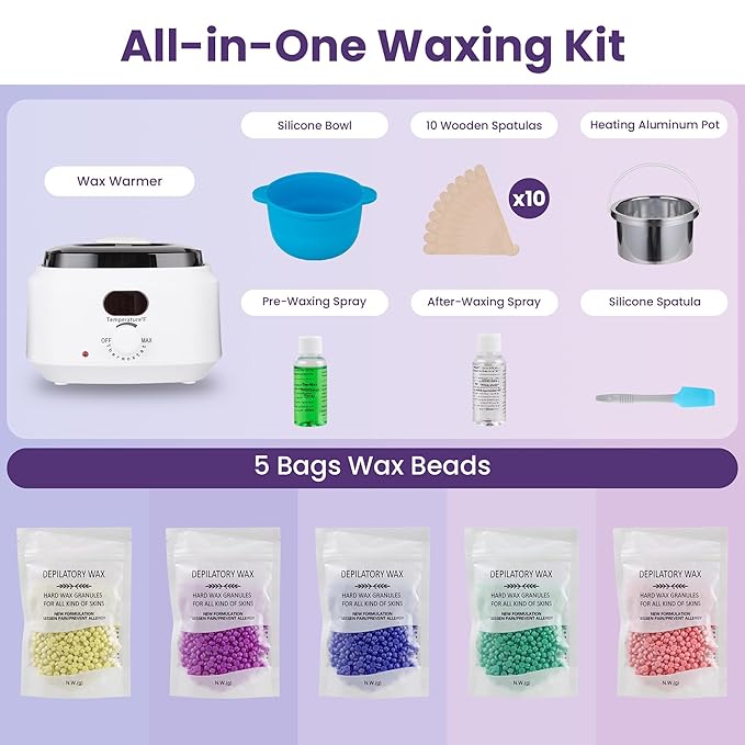 Sunvivi Waxing Kit, Brazilian Wax Warmer for Hair Removal with 5 Bag Hard Wax Beads, Digital Display Melt Warmer Kit for Women Men Full Body, Legs, Face, Bikini,Sensitive skin, White