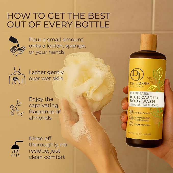 Dr. Jacobs Naturals Pure Castile Soap Liquid Body Wash, Almond - Plant Based Castile Soap Infused with Vitamin E and Aloe Vera to Moisturize Dry and Sensitive Skin - Made in The USA - 32 oz, Pack of 1