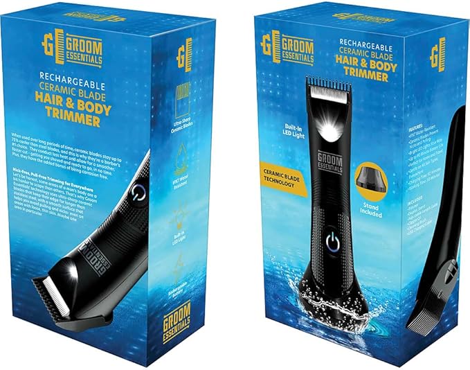 Groom Essentials Rechargeable Hair Trimmer, Body-Hair Shaver with Ceramic Blades, Adjustable 3-Setting Trimming Guide, 90-Minute Battery, Includes Trimmer Stand, Cleaning Brush, and USB Charging Cable