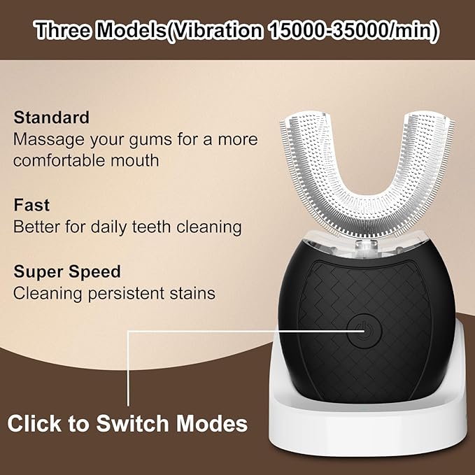 Ultrasonic U-Shaped Toothbrush for Teeth Whitening, Electric Toothbrush for Adults 360-degree Cleaning,3 Brush Heads, Wireless Charging and IPX7 Waterproof Kit for Travel or Home(Black)