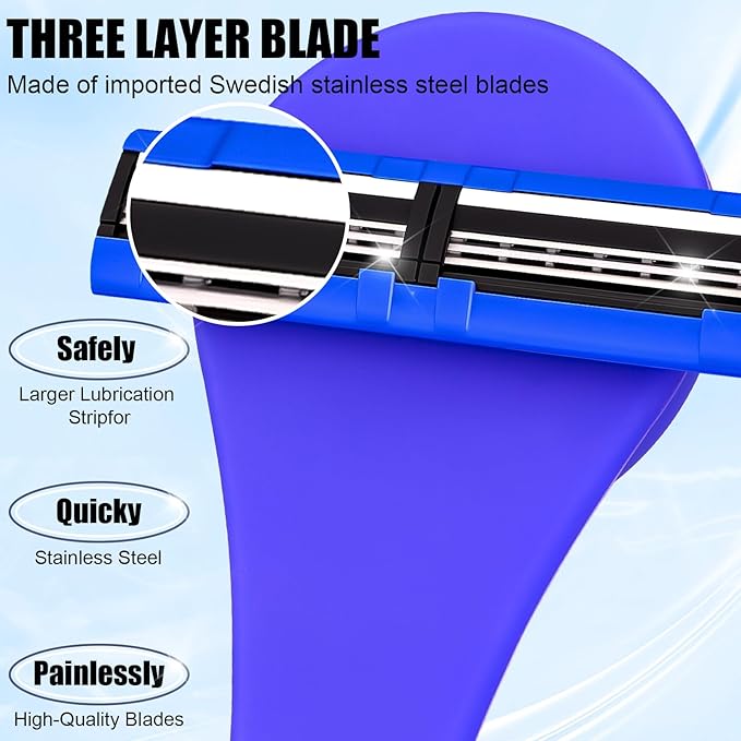 2 in 1 Back Shaver & Massage Cleaning Brush with Bendable Handle, Manual Stainless Steel Razor for Back & Body Hair Removal, Portable Wet Dry Body Groomer with 8 Pcs Replaceable Blades-Blue