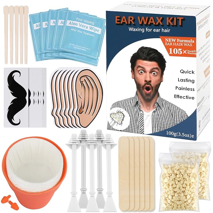 Ear Wax Hair Removal Kit 100g Ear & Nose Hair Wax Kit with 30 Pcs Nose Waxing Sticks for Men and Women at Home Earplugs Hair Removal Lasting Kit Safe Easy Quick & Painless