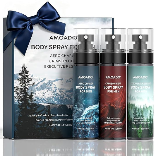 Men’s Body Spray Set – Body Spray for Men,Deodorizing Body Mist Refreshing Spray, Aluminum-Free Cologne Gift Set for Him, Travel Size Fresh, Oriental & Woody Scents,Each 3.4 fl oz