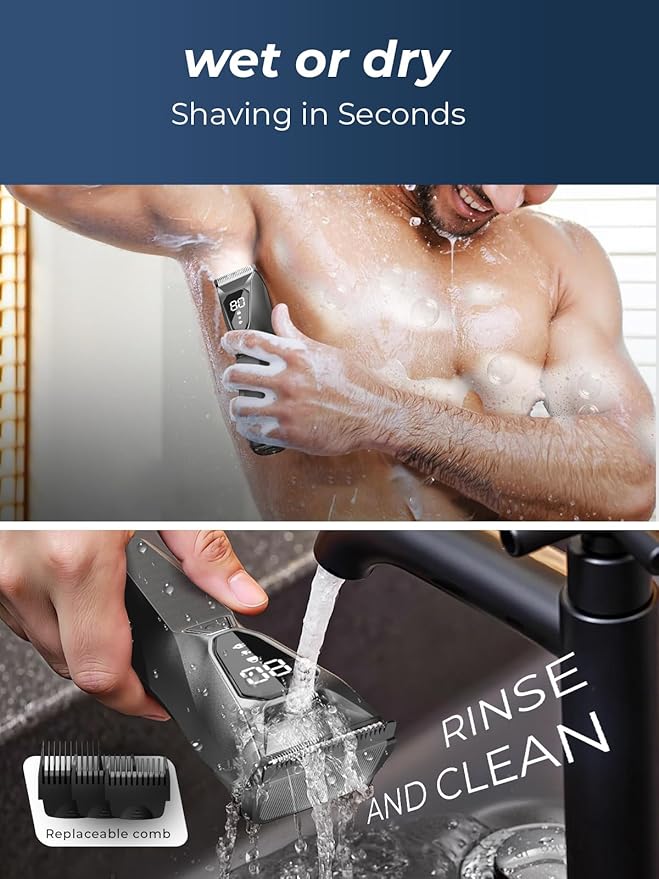Pubic Hair Trimmer for Man - Cordless Body Hair Trimmer for Men - Electric Ball Shaver with Display & Light - Waterproof Wet/Dry Groomer kit for Groin - 4000K Light - Cosmic Black