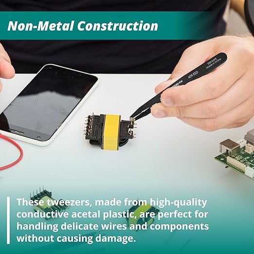 Excelta Precision Acetal Plastic Tweezers, Conductive, Straight Tip, Temperature Resistant to 212°F, Ideal for Delicate Components, Intermediate