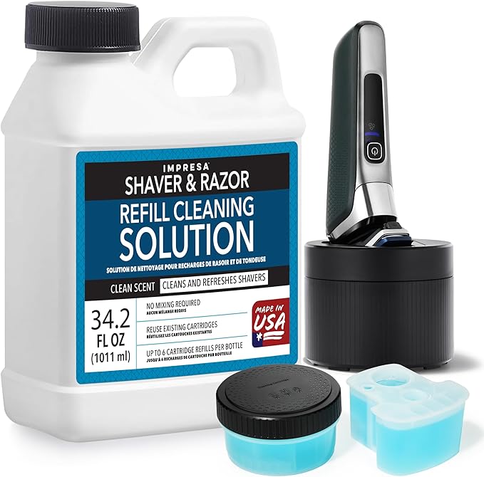 IMPRESA Electric Razor Cleaning Solution - Pre-Mixed Razor & Shaver Cleaning Solution - Compatible with Philips Norelco Quick Clean Pod Cartridge & SmartClean - Beard Trimmer Cleaner - 34.2 Fl Oz