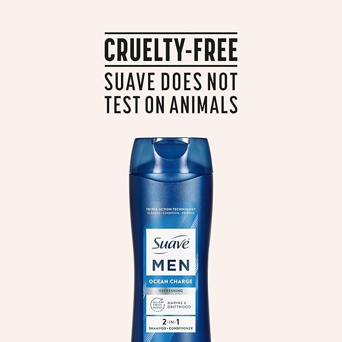 Suave Men Ocean Charge 2 in 1 Refreshing Shampoo & Conditioner with Pro Vitamin B5, Hydrates & Revitalizes Hair, Ocean Fresh Scent, 6 Count, 12.6 FL OZ