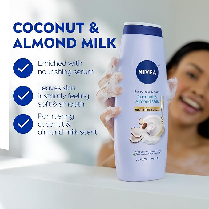 NIVEA Pampering Coconut and Almond Milk Body Wash with Nourishing Serum, Moisturizing Body Wash for Women, Enriched with Provitamin B5 and Vitamin E, 20 Fl Oz Bottle (Pack of 2)