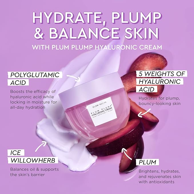 Glow Recipe Plum Plump Hyaluronic Acid Face Cream Moisturizer, Travel Size, Korean Moisturizer for Dry Skin, Plumping + Firming Hydration, Polyglutamic Acid + Peptides (20ml)