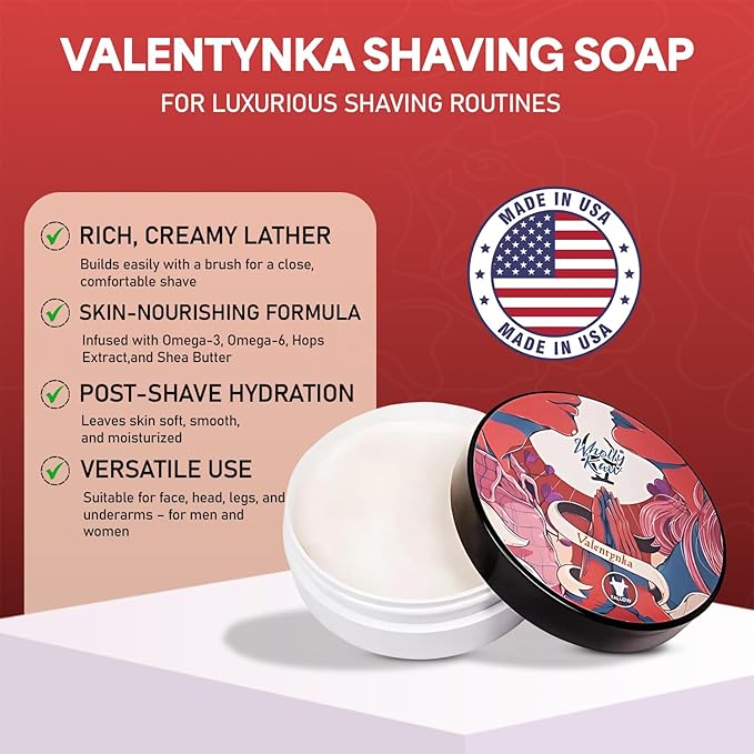 Valentynka Tallow Shaving Soap. Enriched with Donkey Milk, Water Buffalo Milk, Whey Proteins, Omega 3, Omega 6, Hops Extract. Canadian Fir, Leather, Orange, Jasmine, Sugar, Amber, Saffron, Cedarwood